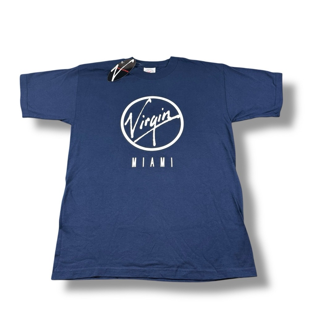 NWT 90s VTG Virgin Records Miami Spellout T-Shirt Navy/White Sz L USA Made Rare